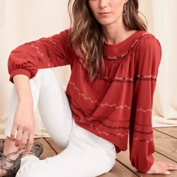 Garnet Hill Tops - Garnet Hill Dahlia Burnt Orange Boho Embroidered Long Sleeve Top Blouse Small